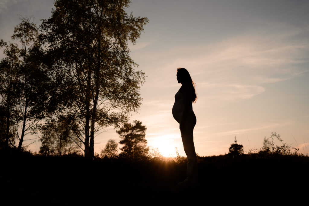 Silhouette van een zwangere vrouw tijdens een zwangerschapsshoot in Apeldoorn