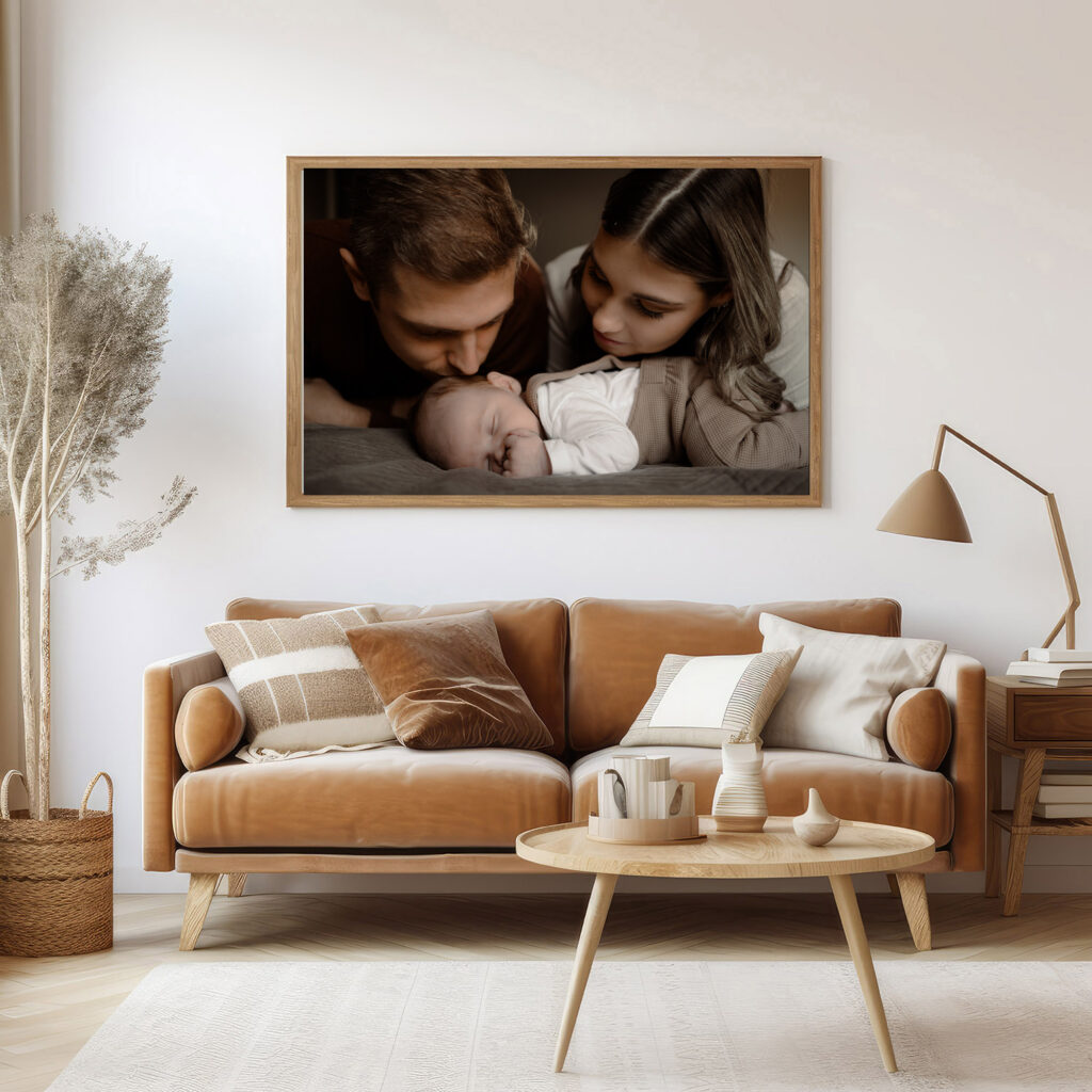 Foto’s afdrukken na fotoshoot als wanddecoratie – een grote gezinsfoto boven de bank in een warme, lichte woonkamer.